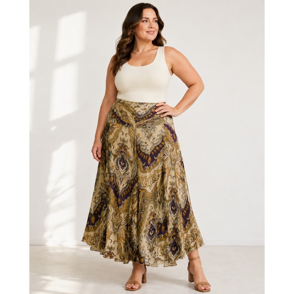 Nygard Collection Silk Paisley Midi Skirt Womens 16 Boho A Line